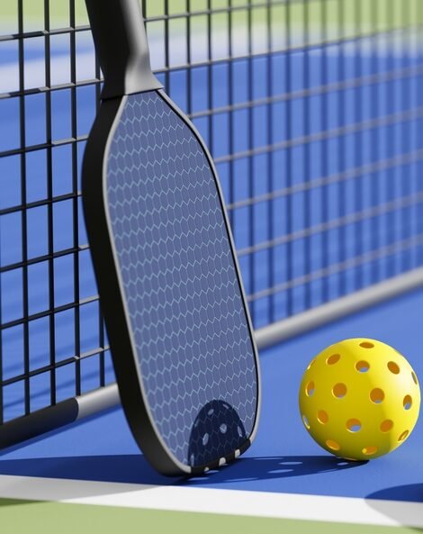 pickleball,sport,equipments,,paddles,and,basket,of,balls,on,court
